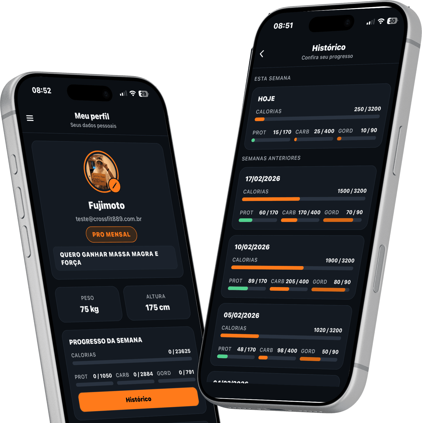 App CrossFit889 — perfil e histórico de nutrição com a Diana